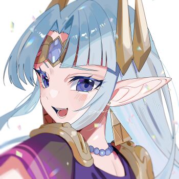 Rule 34 | 1girl, alternate color, alternate costume, blue eyes, blue hair, blush, dress, highres, jewelry, long hair, looking at viewer, nintendo, open mouth, pointy ears, portrait, princess zelda, purple dress, smile, solo, super smash bros., the legend of zelda, the legend of zelda: a link between worlds, tiara, upper body, yasaikakiage