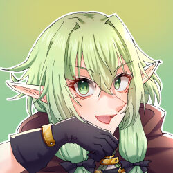 Rule 34 | 1girl, black gloves, bow, commentary, elf, eyelashes, gloves, goblin slayer!, green background, green eyes, green hair, hair bow, hair intakes, high elf archer (goblin slayer!), highres, inumimiama, open mouth, pointy ears, sidelocks, solo, symbol-only commentary