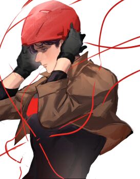 1boy bat_signal batman_(series) batman_symbol black_gloves black_hair blue_eyes bodysuit brown_jacket dc_comics gloves grey_bodysuit highres jacket jason_todd male_focus multicolored_bodysuit muscular muscular_male open_clothes red_hood_(dc) red_hood_and_the_outlaws red_mask saiwen_713z short_hair superhero_costume taut_bodysuit two-tone_bodysuit