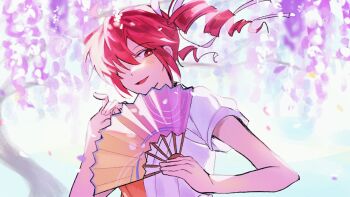 1girl bright_pupils cherry_blossoms folding_fan hair_over_one_eye hand_fan hand_up highres holding holding_fan kasane_teto kasane_teto_(sv) looking_at_viewer open_mouth petals pink_petals red_eyes samsap shirt solo synthesizer_v upper_body utau white_pupils white_shirt