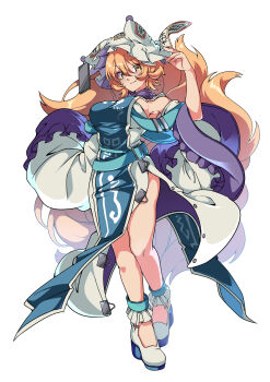 Rule 34 | 1girl, absurdres, adapted costume, animal hat, between fingers, blonde hair, blue tabard, breasts, closed mouth, commentary request, dress, fox shadow puppet, fox tail, full body, gokuu (acoloredpencil), hair between eyes, hat, high heels, highres, holding, holding ofuda, kitsune, large breasts, looking at viewer, mob cap, multiple tails, ofuda, ofuda between fingers, shoes, short hair, simple background, smile, tabard, tail, thighs, touhou, white background, white dress, white shoes, wide sleeves, yakumo ran, yellow eyes