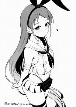 Rule 34 | 1girl, cosplay, cowboy shot, crop top, elbow gloves, gloves, greyscale, hairband, highleg, highleg panties, kantai collection, mae (maesanpicture), microskirt, miniskirt, monochrome, neckerchief, panties, pleated skirt, sailor collar, sailor shirt, samidare (kancolle), shimakaze (kancolle), shimakaze (kancolle) (cosplay), shirt, skirt, sleeveless, sleeveless shirt, solo, standing, striped clothes, striped thighhighs, thighhighs, twitter username, underwear