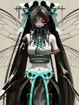 1girl 3d bone brown_hair calne_ca_(deino) chelicerae cowboy_shot cyborg deino_(deino3330) female_focus glowing glowing_eye hair_ornament hair_ribbon hair_stick heterochromia highres insect_wings midriff monster_girl nato-kun navel pale_skin ribbon solo standing tattoo twintails wings