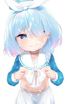 1girl absurdres aqua_hair arona_(blue_archive) blue_archive blue_eyes blush braid clothes_lift cuffs cum cum_on_body cum_on_clothes facial female_focus hair_between_eyes hair_over_one_eye hair_ribbon halo highres loli longcloud looking_at_viewer multicolored_hair nakk nipple_stimulation nipple_tweak nipples open_mouth pink_hair ribbon school_uniform serafuku shirt_lift short_hair simple_background single_braid skirt smile solo streaked_hair white_skirt