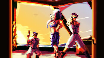 1girl 2boys bodyguard cruise_ship gun handgun holding holding_gun holding_weapon ibdinosaur kantaris_(time_crisis) multiple_boys namco ocean painting_(medium) sky sun sunlight time_crisis time_crisis_(series) traditional_media weapon white_hair