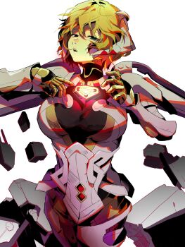 1girl 4me3ba_niku blonde_hair breasts cowboy_shot cyborg fiora_(xenoblade) green_eyes hair_between_eyes half-closed_eyes highres large_breasts looking_at_viewer mecha-fiora parted_lips short_hair simple_background solo white_background xenoblade_chronicles_(series) xenoblade_chronicles_1
