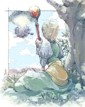 1girl blonde_hair blue_sky border cloud dragon_quest dragon_quest_xi dress floating_island full_body green_dress holding holding_staff michibata_65 on_grass outside_border senya_(dq11) sitting sky solo staff tree white_border