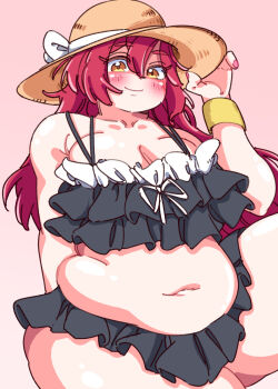 1girl acryl_c arm_behind_back belly bikini black_bikini blush breasts cleavage fat fat_woman frilled_bikini frills hair_between_eyes hand_on_own_hat hat leg_up long_hair medium_breasts muffin_top navel orange_eyes original pink_background pink_nails plump red_hair smile solo sun_hat swimsuit wristband