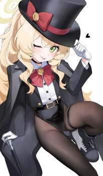 1girl :p alternate_costume bad_id bad_twitter_id belt belt_buckle black_belt black_choker black_coat black_hat black_leotard black_pantyhose black_shoes black_sleeves blonde_hair blue_archive blush bow bowtie buckle buttons cane choker closed_mouth coat coat_on_shoulders collared_shirt commentary_request crossed_bangs dombear fluffy_hair gloves gluteal_fold green_eyes hair_between_eyes halo hand_on_headwear hand_up hat hat_bow hat_tip heart highleg highleg_leotard highres holding holding_cane knee_up large_bow layered_sleeves leotard loli long_hair long_sleeves looking_at_viewer multicolored_shoes multiple_sleeves one_eye_closed open_clothes open_coat pantyhose ponytail professor_niyaniya_(blue_archive) red_bow red_bowtie shirt shoes simple_background smile solo thigh_strap thighs tongue tongue_out top_hat very_long_hair wavy_hair white_background white_gloves white_shirt white_sleeves yellow_halo