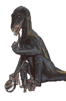 absurdres bowl claws feathered_dinosaur highres indoraptor jurassic_world:_fallen_kingdom mossacannibalis mutation no_humans pet_bowl prehistoric_animal raptor sharp_teeth sitting teeth white_background yellow_eyes