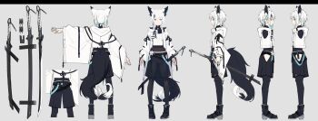 1boy absurdres agemaki_knot animal_ear_fluff animal_ears artist_self-insert black_boots black_shorts black_tail black_thighhighs boots character_profile reference_sheet crossed_bangs double-parted_bangs extra_ears flower fox_boy fox_ears fox_tail full_body grey_background grey_eyes hair_ornament hairpin heterochromia highres hood jacket katana looking_at_viewer multicolored_tail multiple_views nagishiro_mito nagishiro_mito_(vtuber) original platform_boots platform_footwear scabbard sheath short_hair shorts sidelocks simple_background slit_pupils solo standing sword tail thighhighs turnaround variations weapon white_hair white_jacket white_tail wide_sleeves yellow_eyes