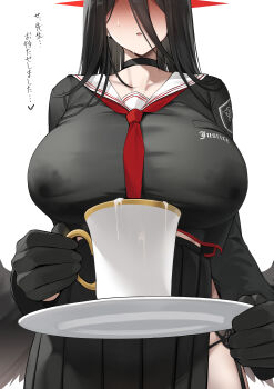 1girl absurdres almondman black_choker black_feathers black_gloves black_hair black_wings blue_archive blush breast_milk_in_container breasts choker cup faceless faceless_female feathers full-face_blush gloves hasumi_(blue_archive) highres holding holding_cup holding_plate huge_breasts implied_lactation lactation low_wings neckerchief parted_lips plate pleated_skirt red_neckerchief sailor_collar school_uniform serafuku side_slit simple_background skirt solo stain stained_clothes teacup translated white_background wings