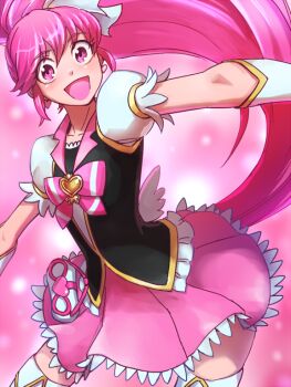 10s 1girl :d aino_megumi bow brooch cure_lovely female_focus happinesscharge_precure! happy heart heart_brooch high_ponytail jewelry long_hair magical_girl nyaasora open_mouth outstretched_arms pink_background pink_bow pink_eyes pink_hair pink_skirt pink_theme ponytail precure skirt smile solo spread_arms thighhighs white_thighhighs wide_ponytail