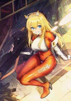 1girl bikini bikini_over_clothes blonde_hair blue_eyes bodysuit braid breasts commentary commission covered_navel full_body goddess_of_victory:_nikke grin gun hair_between_eyes headgear high_heels highres holding holding_gun holding_weapon jacket kyouyasai4423 large_breasts latex latex_bodysuit light_particles long_hair long_sleeves looking_at_viewer official_alternate_costume open_clothes open_jacket orange_bodysuit pixiv_commission sidelocks signature sitting smile solo swimsuit teeth tove_(nikke) weapon white_bikini white_jacket