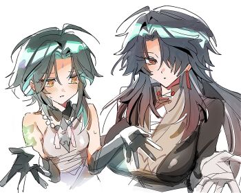 Rule 34 | 2girls, ahoge, black hair, blade (honkai: star rail), breasts, earrings, facial mark, forehead mark, genderswap, genderswap (mtf), genshin impact, green hair, hair over one eye, highres, honkai: star rail, honkai (series), jewelry, large breasts, long hair, mimlmi, multicolored hair, multiple girls, one eye covered, red eyes, red hair, short hair, small breasts, tassel, tassel earrings, white background, xiao (genshin impact), yellow eyes