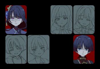 1boy 1girl black_background black_bodysuit black_hair black_kimono blunt_bangs blunt_ends bodysuit closed_eyes empty_eyes facing_viewer flower genshin_impact gold grey_eyes hair_flower hair_ornament hand_on_own_chin head_tilt japanese_clothes jewelry juban kimono long_hair looking_at_viewer mandarin_collar mole mole_under_eye mother_and_son multiple_expressions mxxu_box neck_ring parted_lips pink_eyes portrait purple_flower purple_kimono raiden_shogun red_kimono scaramouche_(genshin_impact) scaramouche_(kabukimono)_(genshin_impact) sidelocks smile straight-on swept_bangs time_lapse wanderer_(genshin_impact) white_kimono white_mouth wispy_bangs