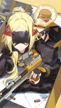 Rule 34 | 1girl, black gloves, black pants, blindfold mask, blonde hair, burger, closed mouth, commentary, facing viewer, fingerless gloves, food, gloves, gun, hair ornament, highres, holding, holding food, long hair, long sleeves, lying, mask, navel, official art, on floor, on side, pants, parted bangs, ponytail, rifle, sniper rifle, solo, trigger (zenless zone zero), weapon, zenless zone zero