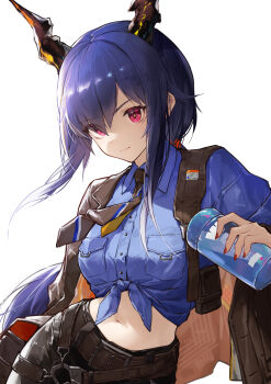 1girl absurdres arknights belt black_pants blue_hair blue_shirt bottle breast_pocket brown_jacket ch'en_(after_storm)_(arknights) ch'en_(arknights) chinese_commentary closed_mouth collared_shirt commentary_request crop_top dragon_horns dress_shirt front-tie_top highres holding holding_bottle horns jacket jiusan_naitang long_hair looking_at_viewer low_ponytail midriff nail_polish navel necktie official_alternate_costume pants pocket ponytail red_eyes shirt sidelocks simple_background smile solo stomach upper_body white_background