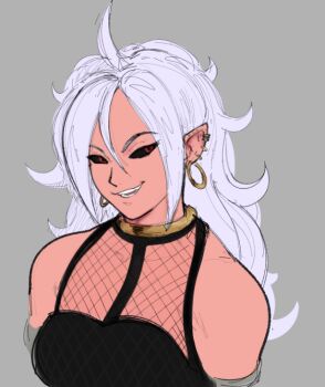 1girl alternate_form android android_21 bare_shoulders black_sclera black_tube_top breasts colored_sclera colored_skin dragon_ball dragon_ball_fighterz earrings fishnet_top fishnets gold_earrings grey_background hoop_earrings jed_(jedzem) jewelry long_hair looking_to_the_side majin_android_21 multiple_earrings neck_ring parted_lips pink_skin pointy_ears red_eyes sketch smile strapless stud_earrings tube_top upper_body white_hair