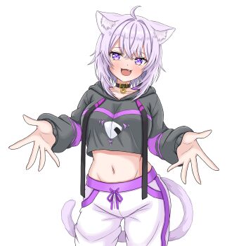 Rule 34 | 1girl, :3, :d, a5hio, absurdres, ahoge, animal ear fluff, animal ears, black collar, black hoodie, breasts, cat ears, cat girl, cat tail, cleavage, collar, commentary request, highres, hololive, hood, hoodie, large breasts, looking at viewer, medium hair, navel, nekomata okayu, nekomata okayu (1st costume), open mouth, outstretched arms, pants, purple eyes, purple hair, smile, solo, tail, virtual youtuber, white pants