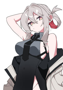 1girl :/ absurdres bare_shoulders black_necktie black_skirt breasts chest_strap collared_shirt commentary_request covered_navel diamond-shaped_pupils diamond_(shape) dutch_angle folded_ponytail grey_hair grey_shirt hair_between_eyes hair_intakes head_tilt high-waist_skirt highres jacket long_sidelocks long_sleeves looking_at_viewer ma_tai_(oimotororo1116) medium_breasts medium_hair necktie off_shoulder oimotororo1116 open_clothes open_jacket original pink_eyes portrait shirt side_slit sideboob sidelocks skirt skirt_cutout sleeveless sleeveless_shirt solo standing symbol-shaped_pupils thick_eyelashes tsurime upper_body white_background white_jacket