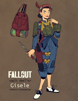 1girl backpack bag bedroll black_hair blue_eyes bonnet bulletproof_vest earrings fallout fallout_1 galoogamelady gun hair_bun highres jewelry knife lipstick makeup pip_boy red_lips ribbon simple_background sleeves_rolled_up smile solo submachine_gun vault_dweller vault_suit weapon wrist_computer yellow_ribbon
