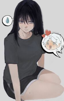 2girls :d black_hair blood blush eyelashes genderswap genderswap_(mtf) grey_background grey_eyes grey_shirt heart highres hikaru_ga_shinda_natsu indou_hikaru long_hair marcycraby medium_hair multiple_girls nosebleed open_mouth ponytail shirt short_shorts shorts smile spoken_sweatdrop sweatdrop thighs tsujinaka_yoshiki white_hair