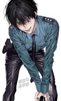 1boy absurdres bent_over black_hair black_necktie black_pants blue_shirt blush chamuring grey_eyes han_maru hashtag-only_commentary highres looking_at_viewer male_focus necktie official_art open_mouth pants police police_uniform policeman shirt shirt_tucked_in short_hair simple_background solo special_civil_servant standing sweat teeth white_background