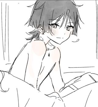 1boy 1girl bare_shoulders bite_mark bite_mark_on_neck blunt_ends closed_mouth commentary earrings english_commentary genshin_impact greyscale hickey jewelry light_blush looking_at_viewer monochrome scaramouche_(genshin_impact) sitting smile split_mouth topless_female topless_male tsurime wispy_bangs yoontrsh