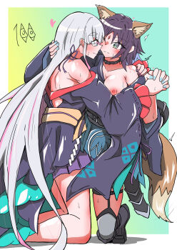 Rule 34 | 100 (gearr3x), 2girls, absurdres, animal ears, bite mark, bite mark on shoulder, blood, blue kimono, blue nails, blush, breasts, cho kaguya-hime!, closed mouth, commentary, eye contact, forehead jewel, fox ears, fox girl, fox tail, green eyes, highres, holding hands, japanese clothes, kimono, large breasts, long hair, looking at another, multiple girls, nail polish, nipples, official alternate costume, one breast out, one eye closed, runami yachiyo, sakayori iroha, tail, white hair, yuri
