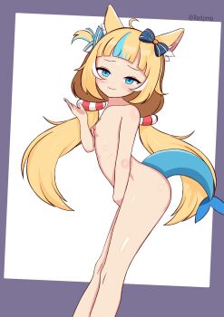 1girl :3 absurdres ahoge animal_ear_fluff animal_ears blonde_hair blue_eyes blue_hair blunt_bangs blush bow breasts cat_ears cat_girl closed_mouth completely_nude feet_out_of_frame fins fish_tail flat_chest from_side hair_bow hair_ornament hair_ribbon hand_up highres indie_virtual_youtuber loli long_hair looking_at_viewer low_twintails multicolored_hair nipples nude redpmb ribbon sameko_saba simple_background small_breasts smile smug solo streaked_hair striped_bow tail topless_female twintails twitter_username two-tone_background two-tone_hair virtual_youtuber white_background