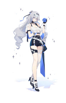 1girl absurdres alternate_costume anklet bare_shoulders black_gloves black_hairband black_ribbon black_shorts breasts bronya_zaychik button_gap commentary_request crop_top full_body gloves grey_hair hair_between_eyes hair_ornament hair_ribbon hairband hand_up high-waist_shorts highres holding honkai_(series) honkai_impact_3rd jewelry large_breasts long_hair looking_at_viewer midriff pmmg ribbon shirt shoes shorts simple_background single_glove single_thighhigh solo thighhighs thighs torn_clothes torn_thighhighs white_background white_shirt white_shoes white_thighhighs