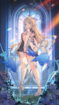 1girl absurdres ass back black_dress blonde_hair blue_eyes breasts cartethyia_(wuthering_waves) crown_of_thorns dress earrings from_behind full_body heiyizhushenxia high_heels highres holding holding_sword holding_weapon jewelry kneepits long_hair looking_at_viewer looking_back multiple_earrings open_mouth planted planted_sword planted_weapon pointy_ears shoes short_dress sidelocks small_breasts smile solo standing sword weapon white_shoes wuthering_waves