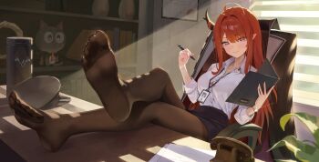 absurdres ahoge antique_phone bad_id bad_twitter_id black_jacket black_pantyhose black_skirt blurry blurry_foreground blush book bookshelf breasts button_gap cat certificate chair character_name collarbone collared_shirt commentary_request crossed_legs desk dress_shirt earrings feet feet_on_table folder has_bad_revision has_watermarked_revision hat highres holding holding_folder holding_pen horns jacket jewelry korean_commentary long_hair looking_at_viewer looood_park medium_breasts military_hat mole mole_under_eye name_tag office_chair on_chair pantyhose paper pen pencil_skirt phone plant pointy_ears purple_eyes red_hair rega rotary_phone shadow shirt single_horn skirt smile sparkle sunlight swivel_chair thermos unworn_jacket vase virtual_youtuber vrecord watch white_shirt window window_blinds wristwatch