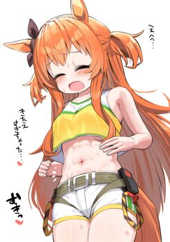 1girl abs animal_ears bare_arms bare_shoulders belt breasts closed_eyes commentary_request cowboy_shot crop_top heart horse_ears horse_tail kibi_fukase long_hair mayano_top_gun_(umamusume) midriff navel open_mouth orange_hair short_shorts shorts simple_background small_breasts solo stomach sweat tail toned toned_female translation_request umamusume very_long_hair white_background white_shorts