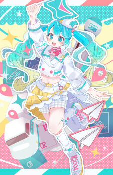 1girl absurdres aircraft airplane aqua_eyes aqua_hair aqua_nails arm_up belt beret blonde_hair bow camera commentary_request cropped_jacket diamond_hair_ornament flag gradient_hair hair_between_eyes hair_ornament hat hatsune_miku highres holding holding_flag jacket long_hair long_sleeves looking_at_viewer magical_mirai_(vocaloid) magical_mirai_miku magical_mirai_miku_(2024) midriff multicolored_hair navel official_alternate_costume official_alternate_hairstyle one_eye_closed open_mouth paper_airplane pink_bow plaid_clothes plaid_skirt pleated_skirt shoes shorts shorts_under_skirt skirt smile solo sorami star_(symbol) ticket very_long_hair vocaloid white_belt white_hat white_jacket white_shoes white_shorts yellow_skirt