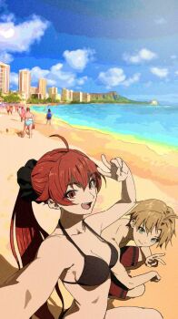 1boy 1girl ahoge arm_up bad_tag beach bikini black_bikini blue_sky building cloud eris_greyrat green_eyes hair_ornament hair_scrunchie looking_at_another mushoku_tensei nyus0721 open_mouth red_eyes red_hair rudeus_greyrat scrunchie sky smile swimsuit v