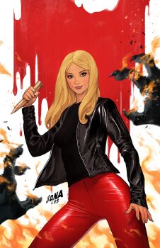 1girl black_jacket black_shirt blonde_hair buffy_summers buffy_the_vampire_slayer david_nakayama fire green_eyes highres initial jacket latex_pants leather leather_jacket long_hair looking_at_viewer open_clothes open_jacket pants pov red_pants shirt