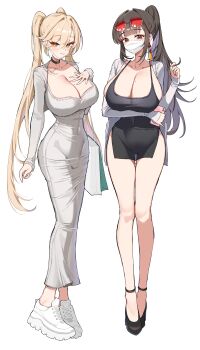 2girls absurdres adjusting_hair bag black_choker black_dress black_eyes black_shoes blonde_hair blush breasts brown_hair cellphone character_request choker chozgum cleavage collarbone commentary commission covered_groin covered_navel dated_commentary dongtan_dress dress earrings eyewear_on_head fang full_body gold_earrings gold_ring hair_between_eyes hair_intakes hair_tie hand_on_own_chest high_heels highres holding holding_bag holding_phone jewelry large_breasts long_hair looking_at_viewer mask mole mole_on_breast mouth_mask multiple_girls original phone pink_nails pinky_out ponytail red_nails shirt shoes shopping_bag shrug_(clothing) simple_background skin_fang smartphone sneakers standing sunglasses swept_bangs tassel tassel_earrings thigh_gap tongue tongue_out twintails very_long_hair white_background white_shoes white_shrug yellow_eyes