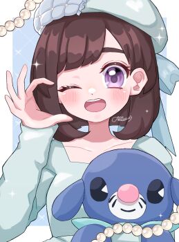 Rule 34 | 1girl, alternate costume, blush, breasts, brown hair, collarbone, dress, gen 7 pokemon, green dress, hat, highres, jewelry, long sleeves, looking at viewer, medium breasts, medium hair, nemui o23, nintendo, one eye closed, pokemon, pokemon (creature), pokemon sm, popplio, purple eyes, selene (pokemon), smile, string of pearls