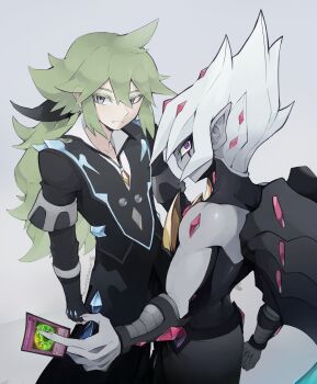 2boys alternate_form arms_at_sides bare_shoulders black_gloves black_robe black_sarong black_wings blue_trim body_markings card commentary crossover demon_wings english_commentary facing_another fingerless_gloves gem gloves green_hair grey_background grey_eyes grey_hair grey_wrist_cuffs hair_slicked_back highres holding holding_card looking_to_the_side low_ponytail male_focus multiple_boys n_(pokemon) n_(sygna_suit)_(pokemon) nintendo no_mouth nuumigranate outstretched_arm pointy_ears pokemon pokemon_masters_ex ponytail popped_collar purple_eyes red_gemstone robe sarong shingetsu_rei shirt_under_shirt toned toned_male topless_male vector_(yu-gi-oh!) wings wrist_cuffs yu-gi-oh! yu-gi-oh!_zexal