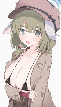 1girl absurdres animal_ears areola_slip bikini black_bikini blue_archive blue_halo blush breasts green_eyes green_hair halo hat highres large_breasts micro_bikini nui_(nuinui0300) open_mouth simple_background solo swimsuit variant_set white_background yakumo_(blue_archive)