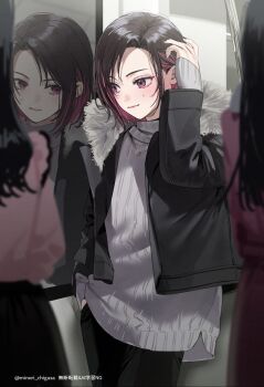 Rule 34 | 3girls, black hair, black jacket, black nails, black pants, chigusa minori, closed mouth, colored inner hair, commentary request, gradient nails, grey sweater, hand in pocket, highres, jacket, long hair, long sleeves, multicolored hair, multiple girls, nail polish, open clothes, open jacket, pants, pink eyes, pink hair, pink shirt, purple nails, shino to ren, shirayuki ren, shirt, short hair, sweatdrop, sweater, train interior