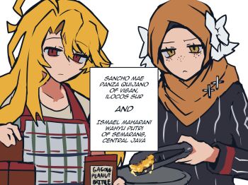 Rule 34 | ahoge, alternate costume, blonde hair, character name, don quixote (project moon), english text, flower, hair flower, hair ornament, highres, hijab, ishmael (project moon), kotori trinity, limbus company, long hair, orange hijab, project moon, red eyes, sancho (project moon), simple background, trinity, white background, white flower