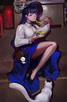 1girl absurdres bag black_hair blue_eyes blue_hair blue_nails blue_skirt boros_(ouro_kronii) bow bow_earrings bowl breasts cat character_charm charm_(object) chopsticks collared_shirt colored_inner_hair earrings eating food hair_intakes high_heels highres holding holding_bowl holding_chopsticks hololive hololive_english jewelry large_breasts looking_at_viewer multicolored_hair noodles ouro_kronii propane_tank ramen shirt shoulder_bag skirt solo virtual_youtuber white_cat white_shirt yangg78174015