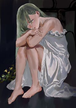 Rule 34 | 1girl, absurdres, bang dream!, bang dream! it's mygo!!!!!, barefoot, commentary, dress, green hair, hair ornament, hairclip, highres, long hair, parted lips, rainbow hose, sitting, solo, spaghetti strap, symbol-only commentary, wakaba mutsumi, white dress, yellow eyes