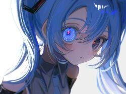 Rule 34 | 1girl, arms at sides, bare shoulders, black eyes, blue eyes, blue hair, blue necktie, blush, close-up, collared shirt, grey shirt, hair between eyes, hatsune miku, heterochromia, highres, long hair, looking at viewer, momosu momo, necktie, parted lips, red pupils, ringed eyes, shirt, sidelocks, simple background, solo, twintails, upper body, vocaloid, white background