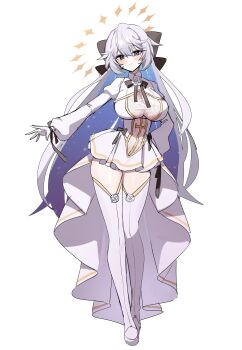 absurdres black_ribbon blush boots breasts chest_ribbon cleavage commentary double-parted_bangs dress english_commentary flower gloves grey_hair hair_between_eyes hair_ribbon head_tilt highres huge_breasts large_ribbon loose_hair_strand miniskirt narrow_waist original ribbon see-through_clothes see-through_dress skindentation skirt taiyaki12 thick_thighs thigh_boots thighs white_boots white_dress white_gloves wide_hips wide_sleeves