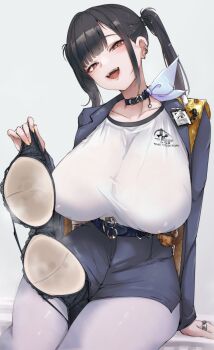 1girl absurdres black_bra black_hair blue_skirt blue_suit blush bra breasts choker collarbone covered_erect_nipples formal_clothes goddess_of_victory:_nikke highres holding holding_bra holding_underwear holding_unworn_clothes huge_breasts jewelry large_breasts long_hair multiple_rings open_mouth pantyhose presenting_bra red_eyes removing_bra_under_shirt ring ryuu. shirt sidelocks sitting skirt smile solo sora_(nikke) steam steaming_clothes suit thick_thighs thighs twintails underwear unworn_bra white_pantyhose white_shirt wide_hips