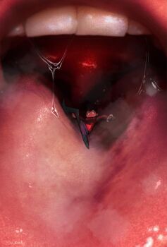 0_0 1boy 1girl 2022 artist_name black_hair black_pants close-up commentary english_commentary female_focus giant giantess heavy_breathing highres long_sleeves lying mini_person miniboy multiple_girls on_back onkinky open_mouth original pants pink_lips red_sweater saliva size_difference steam sweater tears teeth tongue tongue_out upper_teeth_only uvula vore